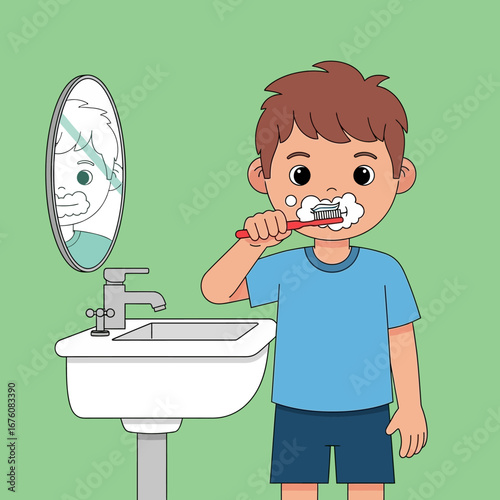 A young boy with brown hair is brushing his teeth in front of a bathroom sink with a mirror reflecting his face.