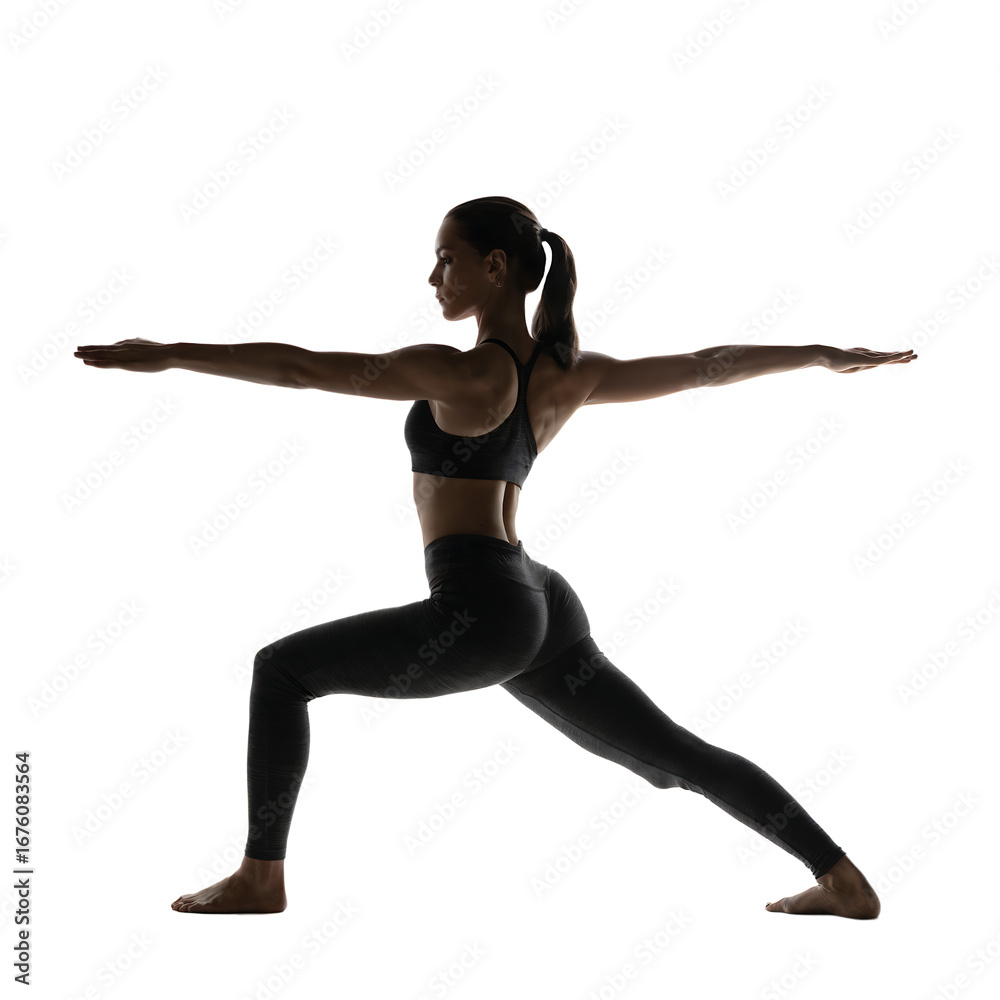 Obraz premium Silhouette of athletic woman in warrior two pose practicing yoga and wellness under low key lighting