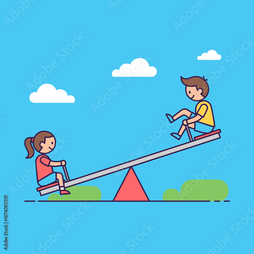 Two children playing on a seesaw in a park on a sunny day with clouds.