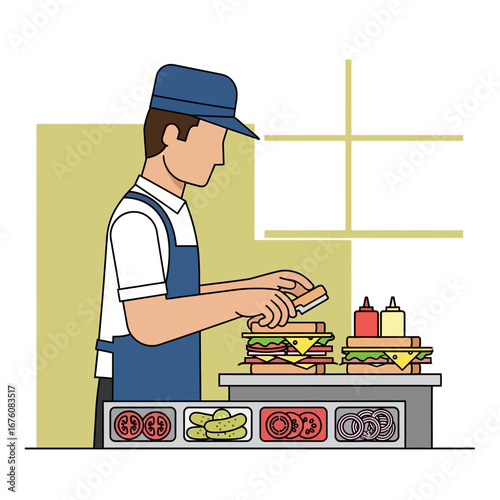 A worker preparing sandwiches at a restaurant counter.