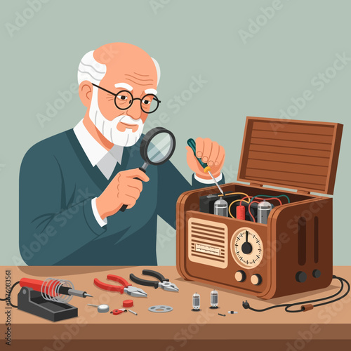 An elderly man with glasses intently repairs an old wooden radio with tools and a magnifying glass.
