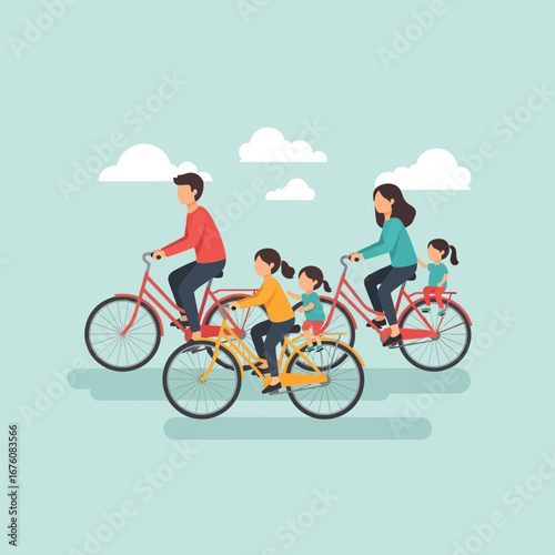 A happy family of five, including parents and three children, enjoying a leisurely bicycle ride outdoors on a sunny day.