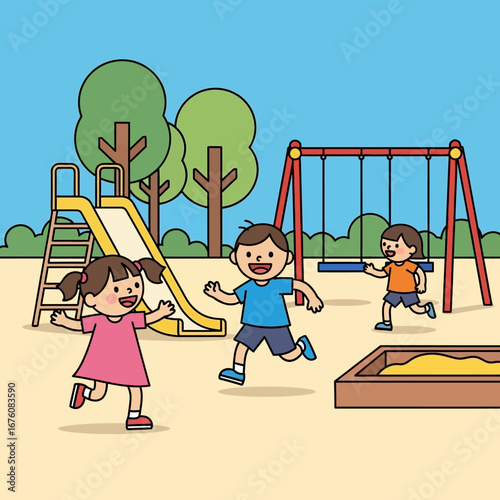 Children playing happily in a park playground.