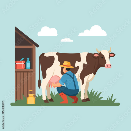 A farmer in a hat and overalls is hand-milking a brown and white cow next to a wooden shed with milk bottles and a pail on a sunny day.