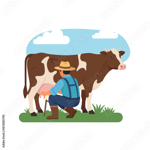 Farmer milking a cow in a rural landscape illustration.