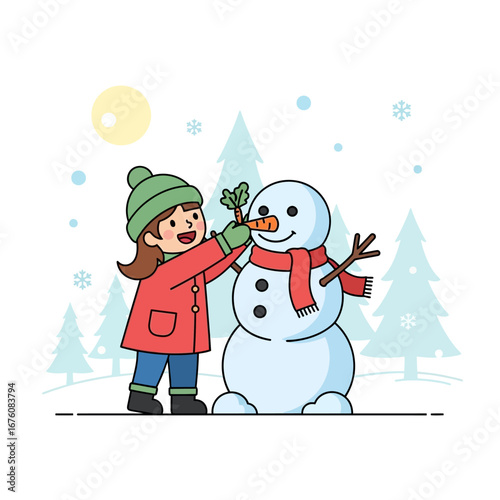 Girl building a snowman in a snowy landscape.