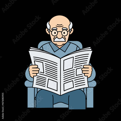 An elderly man with glasses is sitting in a chair and reading a newspaper.