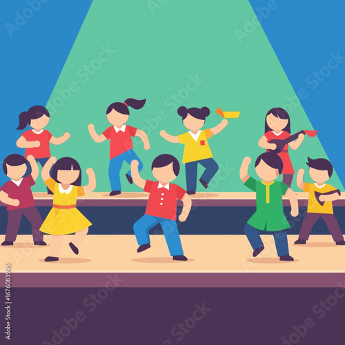 A group of diverse children in colorful clothes dancing and playing music on a stage under a spotlight, depicted in a flat design style.