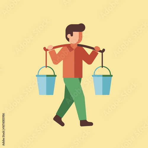 A man carries two buckets of water on his shoulders using a yoke.