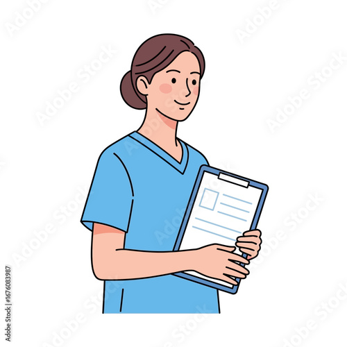 A smiling nurse in blue scrubs holding a clipboard with medical information.