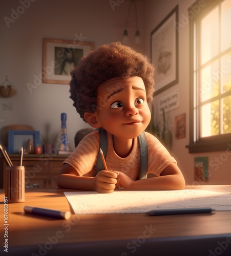 A young boy with curly hair is thoughtfully drawing at a desk in a bright and cozy room.