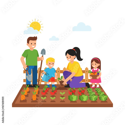 Happy family with two children gardening together in their vegetable patch on a sunny day.