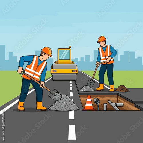 Two construction workers in safety vests and hard hats repairing a road with a steamroller in the background.