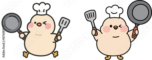 Cute cartoon chicks in chef hats holding frying pans and spatulas. Cooking, baking, and kitchen utensils.