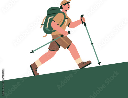 A male hiker with a backpack and trekking poles walks uphill. Outdoor adventure, hiking, healthy lifestyle, and mountain climbing.