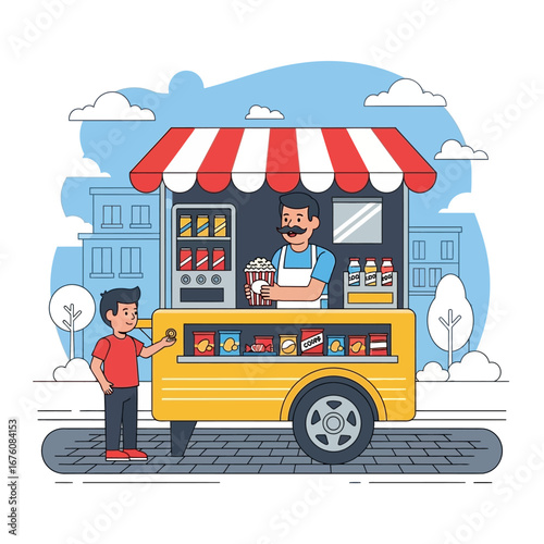 A yellow food cart with a man selling snacks to a boy on a street.