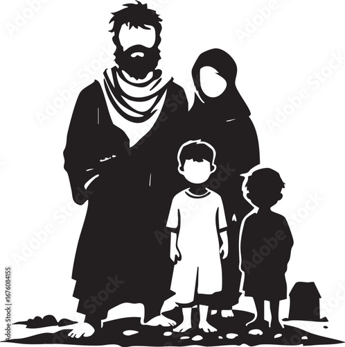 Sad Refugee Family with Children - Vector Illustration