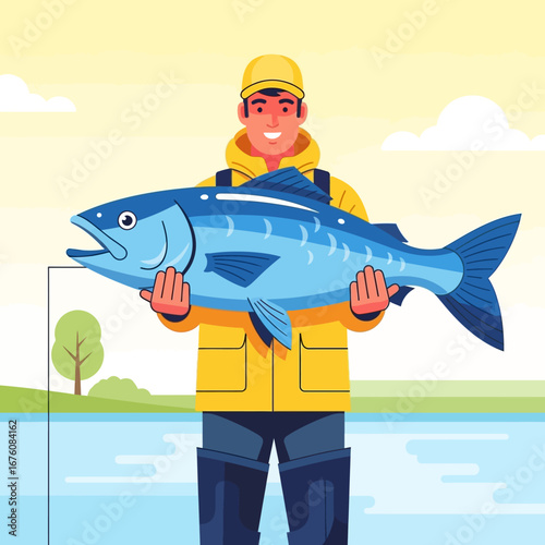 A happy fisherman proudly displays a large blue fish he has caught by the water.
