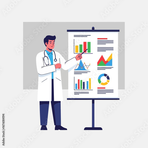 Doctor giving a presentation with graphs and charts on a poster.