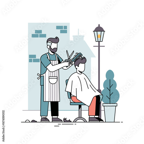 A barber giving a haircut to a customer outdoors.