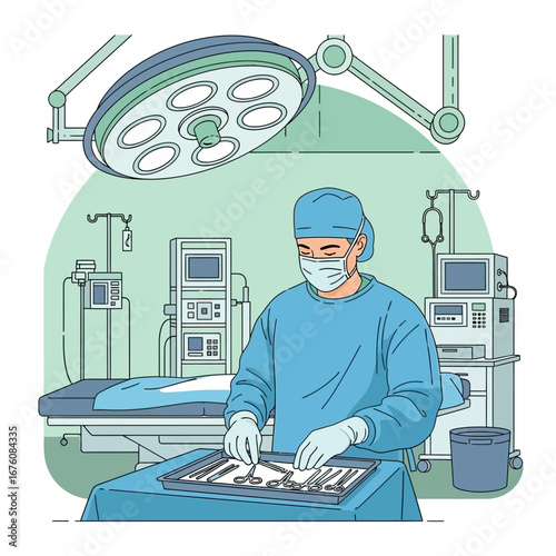 A surgeon in blue scrubs and a face mask prepares surgical instruments in a modern operating room.