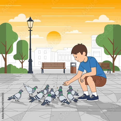 A young boy is feeding a flock of pigeons in a sunny park during the day.