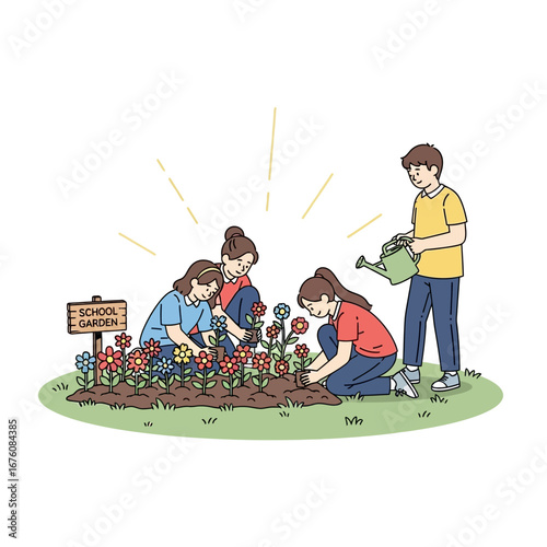 Four students, three girls and a boy, planting and watering colorful flowers together in a school garden.