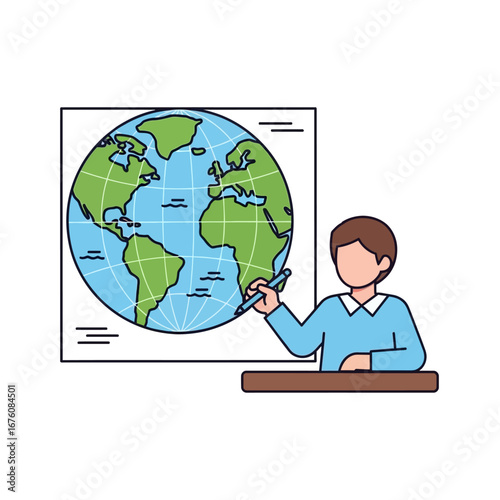 A cartoon student or teacher sits at a desk, pointing to a world map during a geography class.