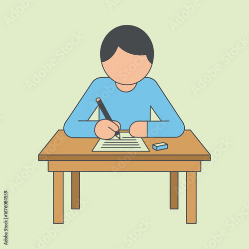 Illustration of a student writing on paper at a desk with a pencil and eraser.