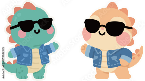 Two cool cartoon dinosaurs in denim jackets and sunglasses, giving a thumbs up. Cute and trendy animal characters.