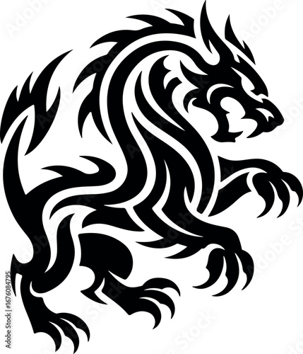 Stylized Black Wolf Tattoo Design with Tribal Elements and Fierce Expression Creating a Powerful Visual Statement