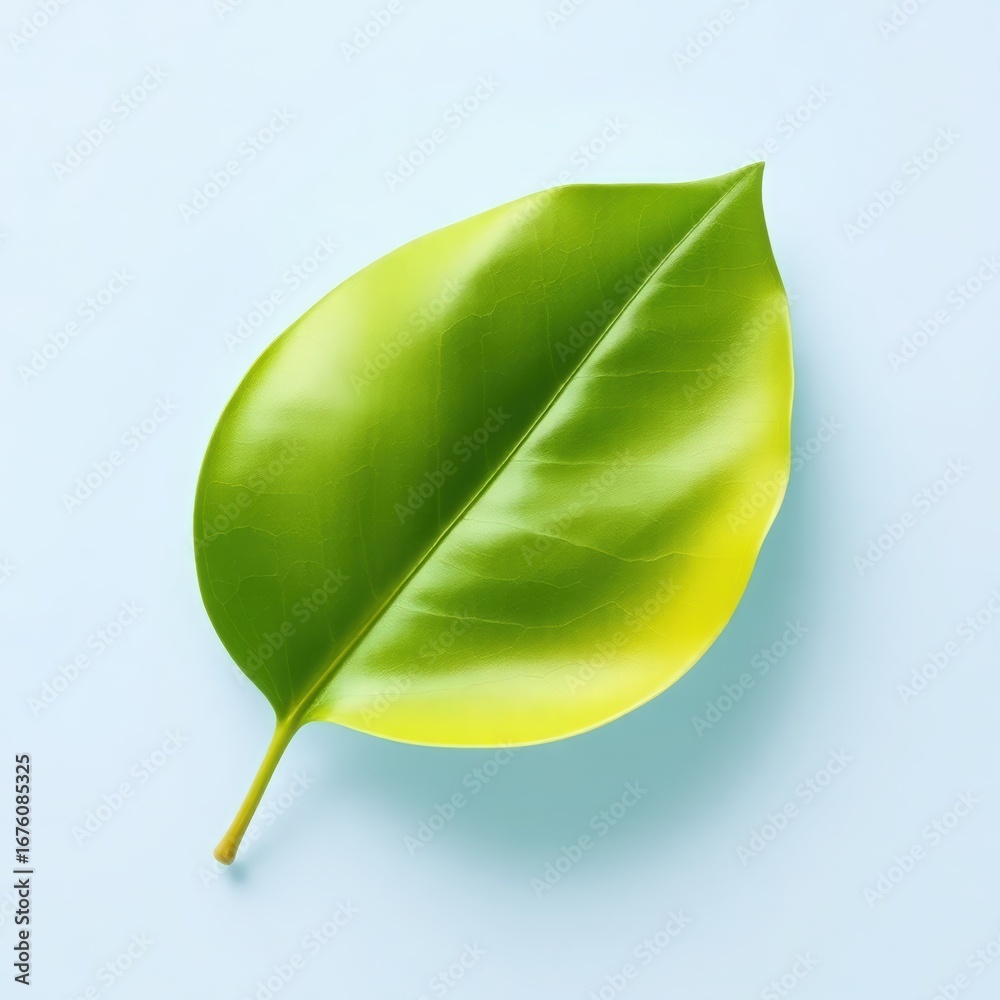 Fototapeta premium Single vibrant green leaf with yellow edges on a soft blue background