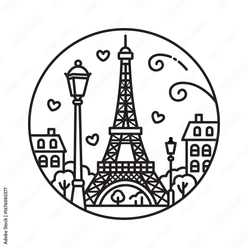 Obraz premium Eiffel Tower in the center of Paris. Linear illustration in doodle style