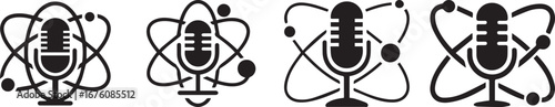 "Black and white podcast microphone icons with atomic orbit design, vector illustration symbolizing science communication, educational broadcasting, technology and digital audio recording concept"