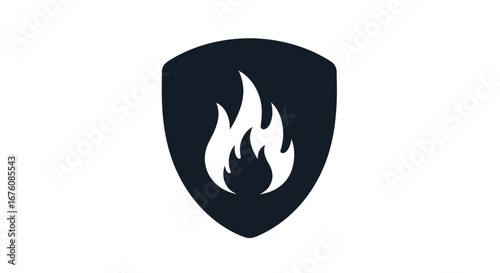Black Shield with White Flame Symbol, Protection Concept.