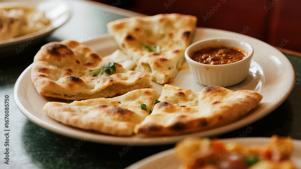 Golden Naan Bread Served with Dipping Sauce, Ready to Eat as an Appetizer or Side Dish, Indian Cuisine Golden Naan Bread Served with Dipping Sauce, Ready to Eat as an Appetizer or Side Dish, Indian Cuisine