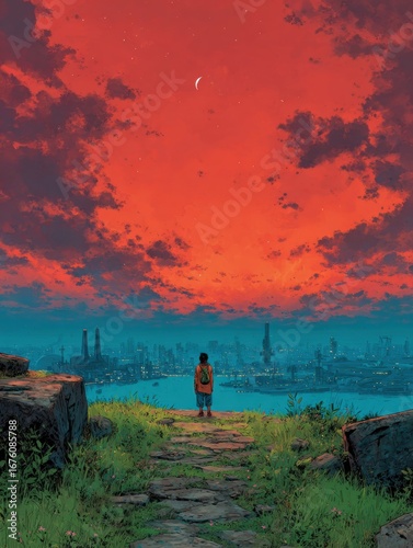 Solitary Figure Contemplates Vibrant Red Sunset Cityscape