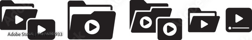 "Black and white video file and media folder icons with play button symbols, vector illustration representing digital video storage, multimedia management and online streaming concept"