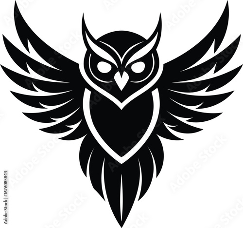 A powerful tribal tattoo design of a black and white eagle owl with its wings spread like a heraldic emblem
