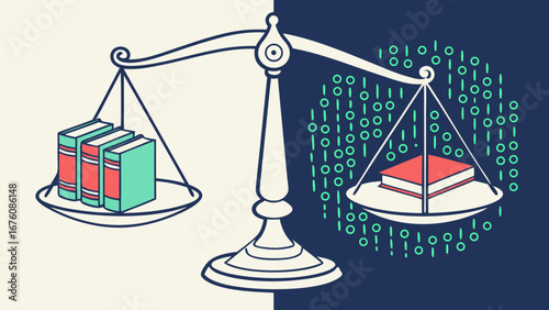 Justice Scale of Books and Data – Vector Illustration of Logical Knowledge and Digital Balance  Artwork