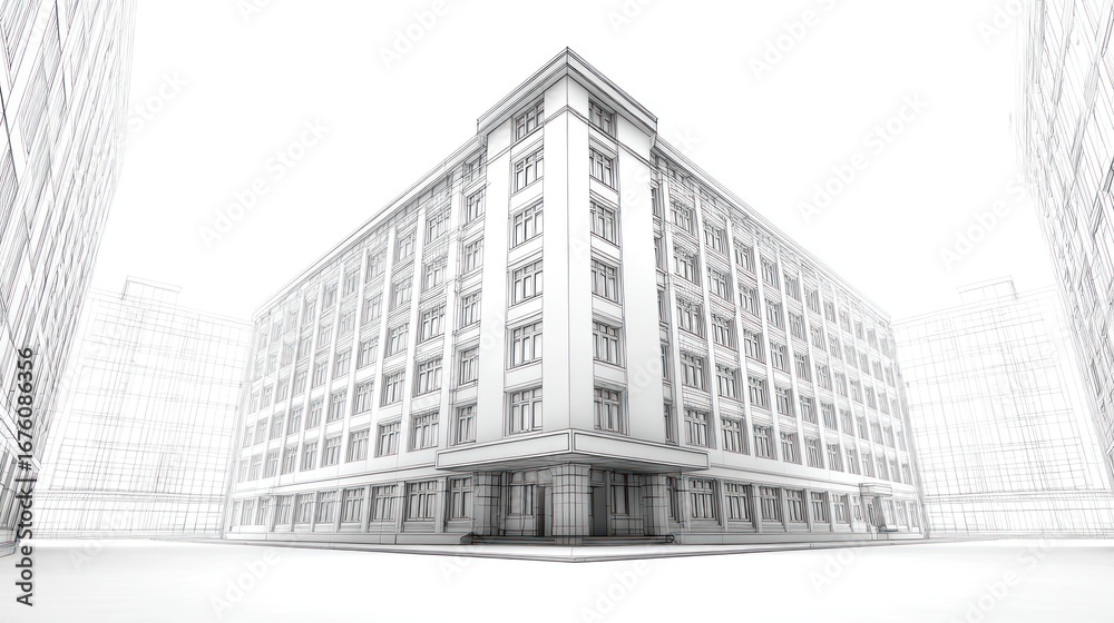 Fototapeta premium Architectural drawing of a building at a corner