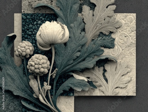 Teal and Cream Floral Collage with Intricate Textures
