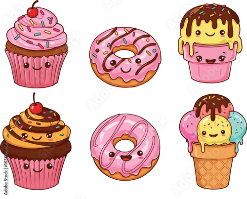 Cute Cartoon Desserts, Cupcake, Donut, Ice Cream, Sweet Kawaii Treats, Happy Desserts, Colorful Sweets, Funny Desserts Illustrations, Sweet Food Characters