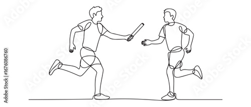 One continuous line drawing of young sporty runner man pass baton stick to his team mate. Healthy lifestyle and fun jogging sport concept. Vector black silhouette. with white background