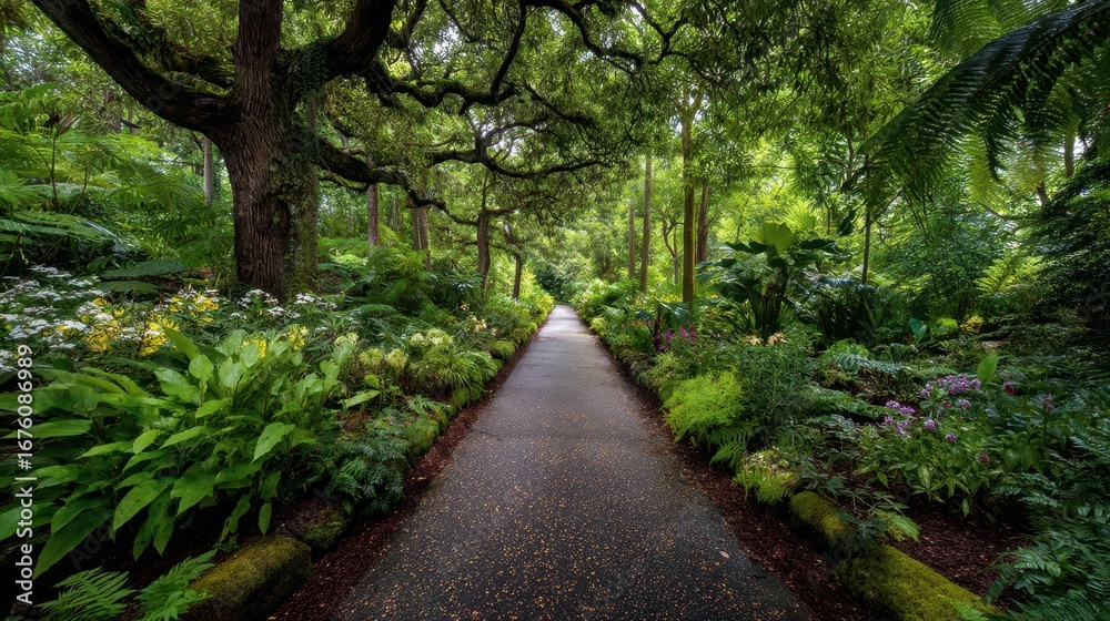 Fototapeta premium Serene Pathway Through Lush Botanical Garden Experience