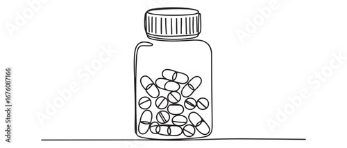 Single continuous line drawing pill bottle. Medical capsules container. Tablet pills medical drug pharmacy care and tablet pills antibiotic pharmaceutical.