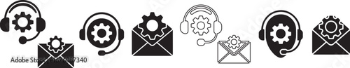 "Black and white customer support icons with headset, email envelope, and gear symbols, vector illustration representing technical support, customer service, communication and online assistance tools"