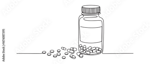 Single continuous line drawing pill bottle. Medical capsules container. Tablet pills medical drug pharmacy care and tablet pills antibiotic pharmaceutical.
