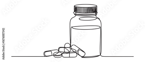 Single continuous line drawing pill bottle. Medical capsules container. Tablet pills medical drug pharmacy care and tablet pills antibiotic pharmaceutical.