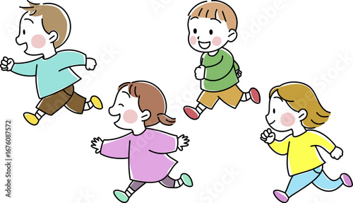 楽しそうに走る子供たち　横向き　男の子　女の子